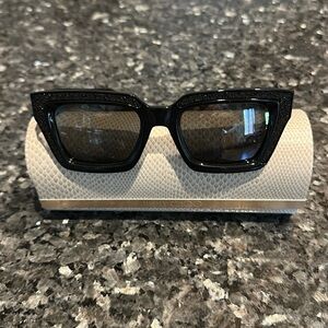 Jimmy Choo black with subtle sparkles rectangular sunglasses with case.